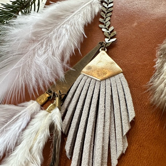 Suede Fringe Arrow Feather Antique Brass Bohemian Statement Earrings - Picture 8 of 11